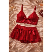 Kırmızı Dantel Etekli Bralet Takım