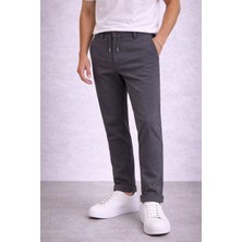 Erkek Diagonel Mikro Dokulu Duble Paça Cepli Pantolon Bağcıklı Bel, Modern Kesim - Füme