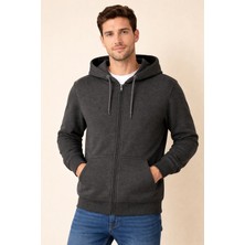 Justas Erkek Fümeşardonlu Kapüşonlu Boydan Fermuarlı Üç Iplik Sweatshirt