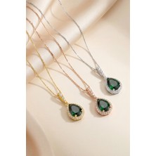 Evas Jewellery 925 Ayar Gümüş Damla Kesim Zümrüt Kolye – Zirkon Taşlı – 14 Ayar Altın & Rose Kaplama