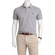 Polo Yaka Erkek Tişört Gri Kısa Kollu %100 Pamuk Slim Fit Nakış Logolu Basic Polo T-Shirt