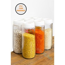 Feyza Design Mega Boy Çizgili Cam Saklama Kabı Seti 1500 Ml, Beyaz Kapaklı, 6'lı