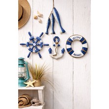 Ahfa Natural Craft Marin Deniz Temalı Ahşap 4lü Duvar Dekoru,ahşap Çapa,dümen,can Simidi,3lü Balıklar Set