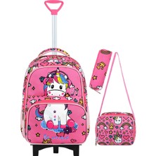 Roxy Unicorn Baskılı Portatif Çekçek 3'lü Set Ilkokul Çantası, Termal Beslenme ve Kalem Kutusu Seti