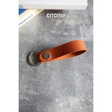 Pepuza Hakiki Deri Kişiye Özel Çıtçıtlı Deri Anahtarlık - Turuncu