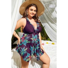 Aria's Closet Arias Closet Büyük Beden Mor Üstüne Çiçek Desenli Boyundan Bağlamalı Elbise