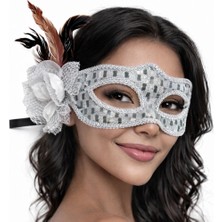 Gümüş Renk Tüylü Balo Maskesi Kadın Parti Aksesuarı - Lisinya