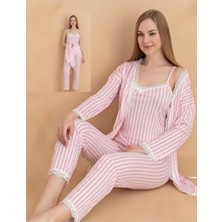 Stil Moda 6064 Kadın Çizgili Askılı Sabahlıklı Pijama Takımı