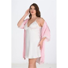 Aria's Closet Arias Closet Premium Büyük Beden Saten Dantel Işlemeli Beyaz-Pembe 2'li Gecelik Sabahlık Takımı Bigsize