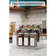 Feyza Design 12'li Şeffaf Merdiven Standlı Cam Baharatlık Seti, Kapaklı ve Beyaz Etiketli