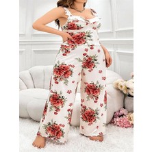 Aria's Closet Arias Closet Büyük Beden Gül Desenli Ince Askılı Beyaz Salaş 2'li Takım