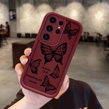 HONTINGA Samsung Galaxy S23 Ultra ile Uyumlu Kılıfı Düşüme Önleyici Basitlik Anti Düşme Kamera Korumali Kelebek Desen Bordo Yumuşak Silikon Telefon Kılıfı Kadın ve Erkek Için Uygundur K2-7222