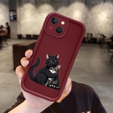 HONTINGA iPhone 15 ile Uyumlu Kılıfı Düşüme Önleyici Basitlik Anti Düşme Kamera Korumali Şirin Kedi Desen Bordo Yumuşak Silikon Telefon Kılıfı Kadın ve Erkek Için Uygundur K2-7214