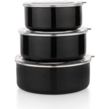 Feyza Design Emaye 3'lü Saklama Kabı Seti, Siyah, 14/16/18 Cm, Sağlam ve Şık Tasarım