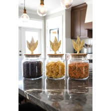 Feyza Design 3’lü Bambu Kapaklı Metal Yaprak Cam Kavanoz Seti, Saklama Kabı 635CC