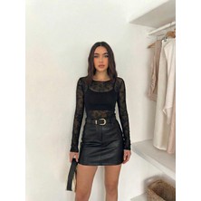 Onlio Giyim Çiçek Desenli Esnek Transparan Tül Siyah Kadın Bluz