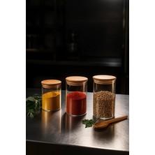 Feyza Design 3’lü Düz Cam Baharatlık Seti, Bambu Vakum Kapaklı, Hava Geçirmez Kavanozlar