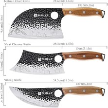 Bıçak Seti – 3’lü Et ve Mutfak Bıçağı: Sırp Şef Bıçak, Satır Bıçağı, Viking Bıçak – Ergonomik Ahşap Saplı, El Dövmesi Desenli, Paslanmaz Çelik