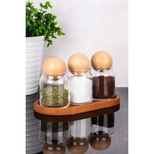 Feyza Design 3'lü Cam Kavanoz Seti, Ahşap Stand ve Top Kapak, Baharatlık, 300 ml