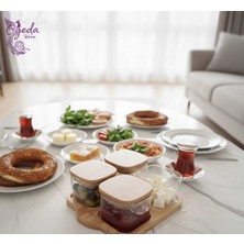 Feyza Design Bambu Kapaklı 4'lü Cam Saklama Kabı Seti, Kare Kahvaltılık ve Baharatlık