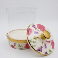 Feyza Design Çiçek Desenli Cam Porselen Saklama Kabı, Altın Detaylı, Kapaklı, Küçük Boy