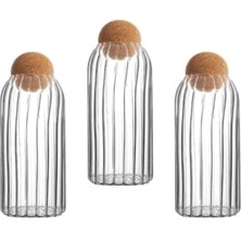 Feyza Design 3'lü Top Mantar Kapaklı Çizgili Cam Kavanoz ve Baharatlık Seti 1200 ml