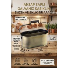 Feyza Design Ahşap Saplı Altın Metal Kaşıklık, 28 Cm, 4 Bölmeli, Galvaniz Kaplama