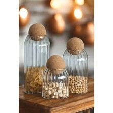 Feyza Design 3'lü Mantar Kapaklı Çizgili Cam Kavanoz Seti, Çay, Şeker, Kahve, Bakliyat