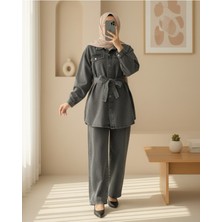 Modamorfo Cepli Beli Kemerli Düğmeli Kot Takım -Füme