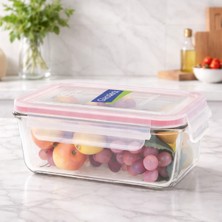 Feyza Design Konik Dikdörtgen Cam Saklama Kabı 980 Ml, Pembe Kapaklı, Mikrodalga Uyumlu
