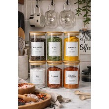 Feyza Design Bambu Kapaklı Cam 6'lı Baharatlık Seti, 250 Ml, Kaşıklı ve Etiketli