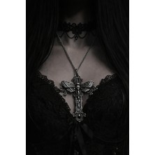 Herşey Nota Kanatlı Kuru Kafa Figürlü Haç Kolye – Antik Gümüş Ton Zincirli Unisex Model