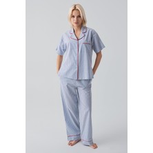 Artış Collection Kısa Kollu Düğmeli Çizgili Dokuma %100 Pamuk Pijama Takım 19208