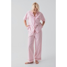 Artış Collection Kısa Kollu Düğmeli Çizgili Dokuma %100 Pamuk Pijama Takım 19208