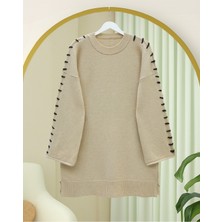 Moda Morfo Kolları İpli Çizgili Yumoş Triko Tunik -Vizon