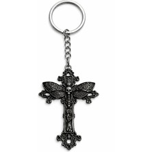 Herşey Nota Siyah Kaplama Işlemeli Kanatlı Kuru Kafa Figürlü Haç Anahtarlık – Metal Tasarım