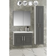 Özceden Salkım 80+35 cm Beyaz-Füme Balon Mdf Seramik Lavabolu Asma Banyo Dolabı Takımı