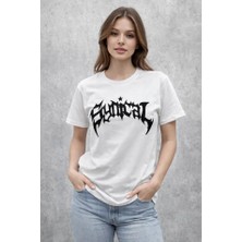 Bisiklet Yaka Ön Baskılı Kısa Kollu Tişört Streetwear Günlük Basic Pamuklu T-Shirt - Beyaz