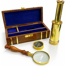 Livenda Ahşap Kutulu Pirinç Dürbün,pusula,büyüteç Seti 15304