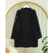 Moda Morfo Kolları İpli Çizgili Yumoş Triko Tunik -Siyah