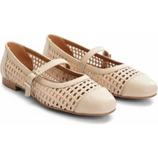 Ne&Ve Shoes Deri Biye Örgü Detaylı Tokalı Kadın Babet