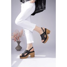 Sy Leather Betty Model Hakiki Deri Delikli Bilekten Tokalı Platform Kalın Topuklu Kadın Sandalet