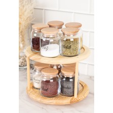 Feyza Design 10'lu Ahşap Vakum Kapaklı Döner Standlı Cam Baharatlık Seti 300 ml