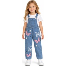 Bilge Trend Kız Çocuk 3/7 Yaş Kelebek Baskılı Kot Denim Salopet Tulum