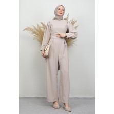 Arkası Parça Detaylı Tesettür Tulum Vizon