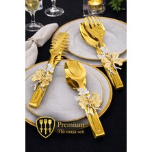 3,lü Set Kelebek Fiyonklu Gold Renk Maşa Servis Sunum Takımı/paslanmaz Çelik [pasta,salata,makarna]