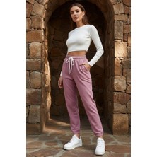 Ross Moda Kadın Pembe 3 Iplik Düz Elastik Bel ve Paça Termal Astarlı Jogger Eşofman Altı