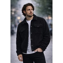 Polo State Erkek Peluş Cep Detaylı Çıt Çıt Kapamalı Sherpa Ceket Siyah