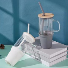 İbico Ibico Safirs Bambu Kapaklı Çelik Pipetli Renkli Big Mug Büyük  Boy Cam Kupa Bardak Cam Termos 1lt