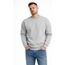 Polo State Erkek Gri 3 Iplik Şardonlu Kalın Basic Bisiklet Yaka Oversize Sweatshirt